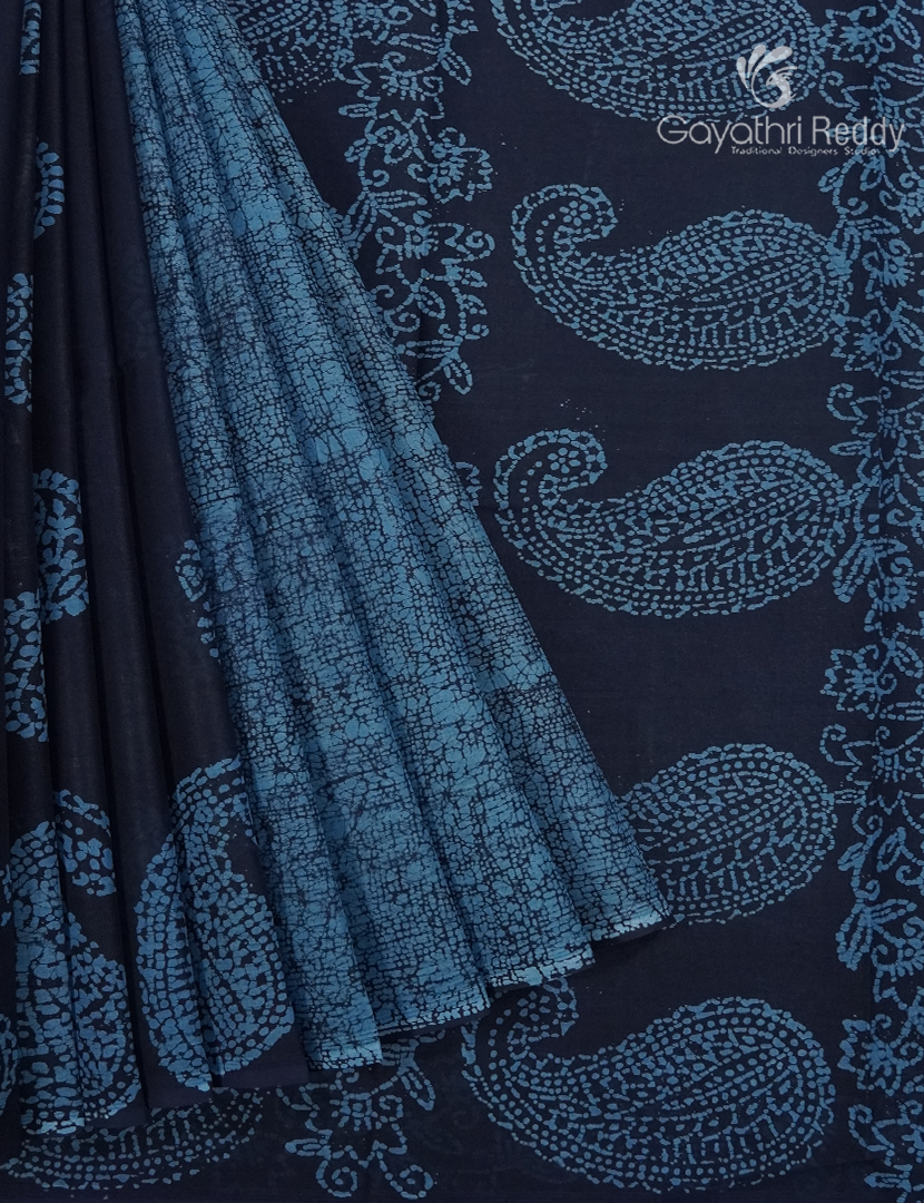 Cotton Batik Print Saree in Navy Blue and Sky Blue