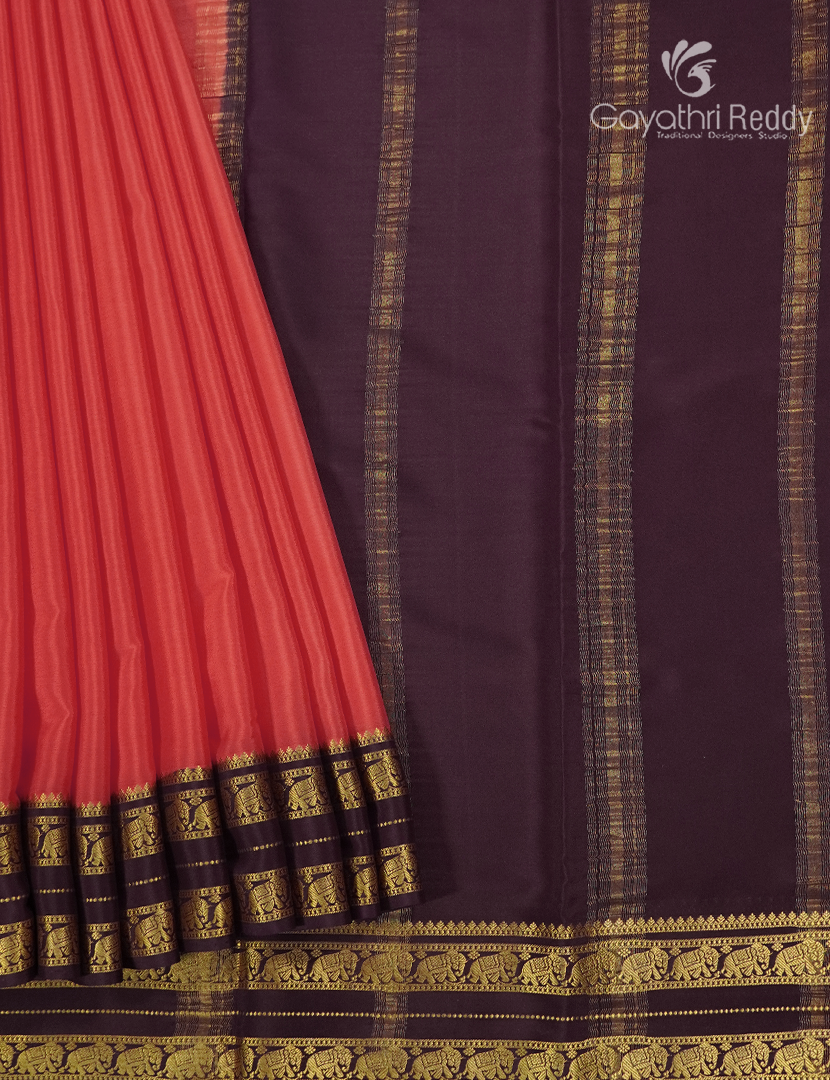 Pure Mysore Silk Saree in Peach Pink and Deep Brown