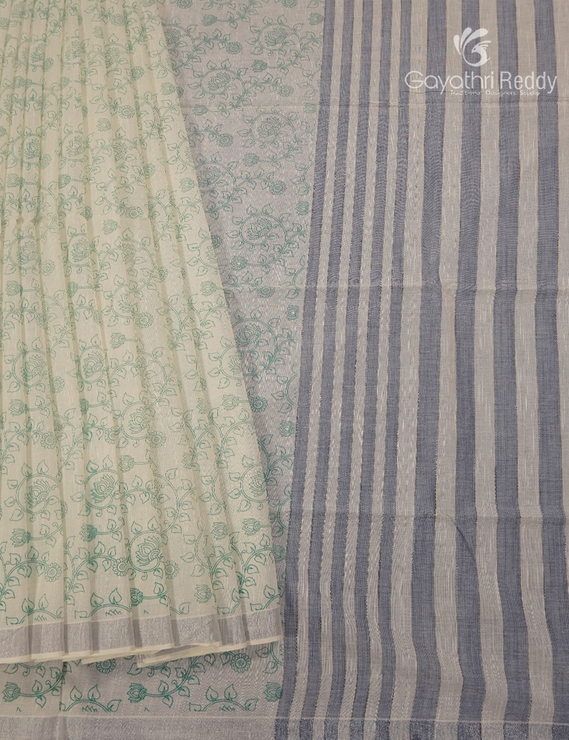 Pure Kanchi Cotton Printed Saree in Ivory and Grey