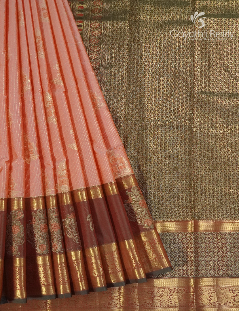 Semi Kanchipuram Silk Saree in Peach   and Deep Brown