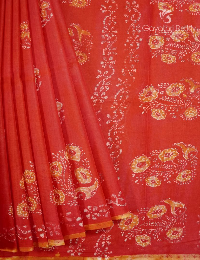 Cotton Batik Print Saree in Vermillion Orange