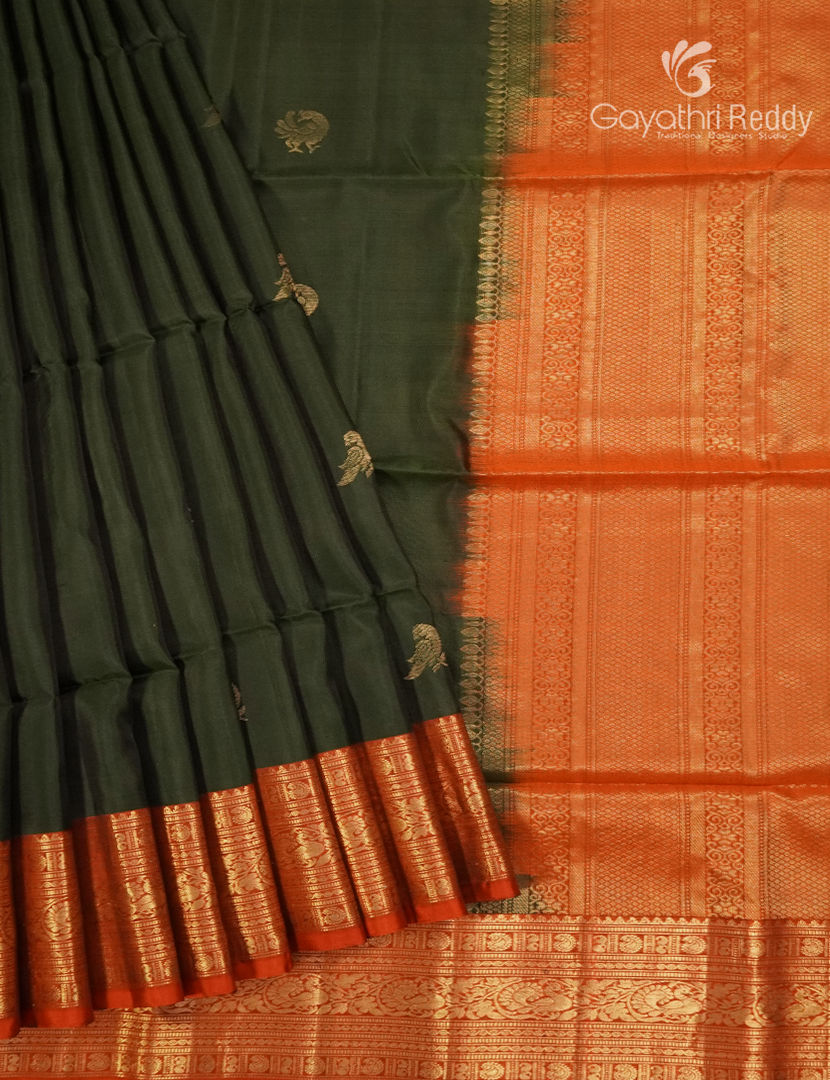 Pure Kanchipuram Soft Silk Saree in Deep Olive Green and Rust Orange