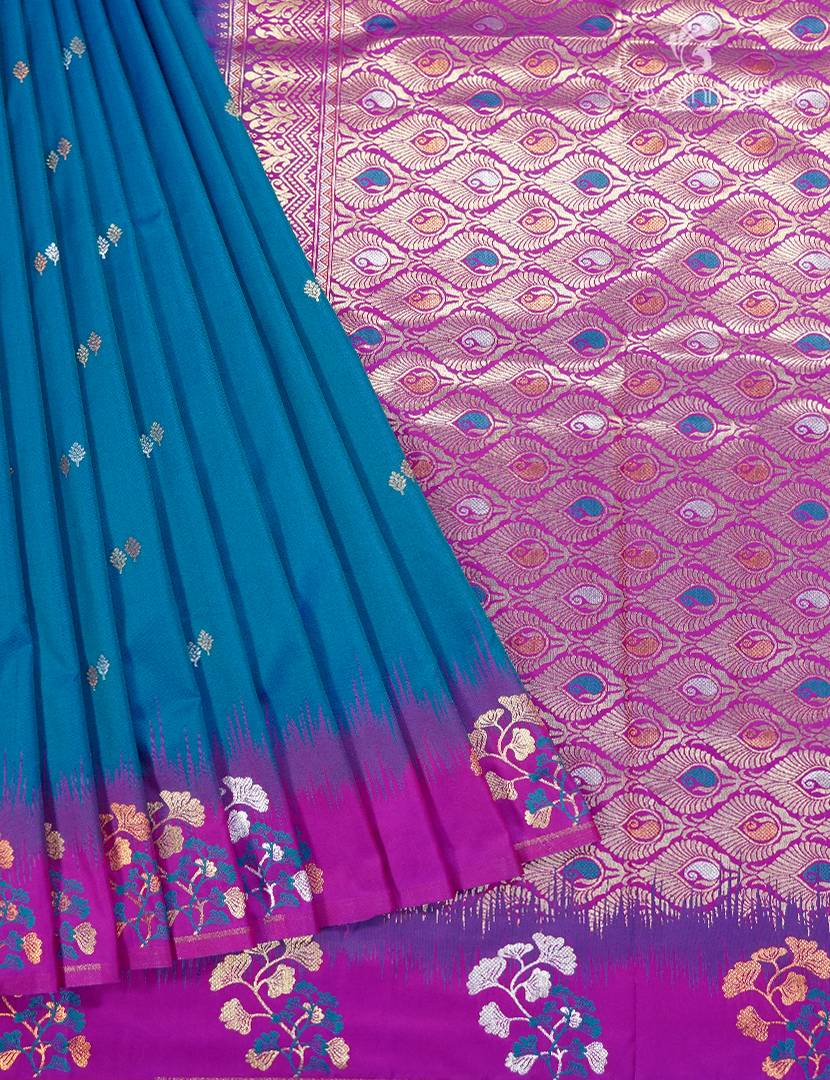 Semi Kanchipuran Silk Saree in Deep Peacock blue and  Magenta Pink