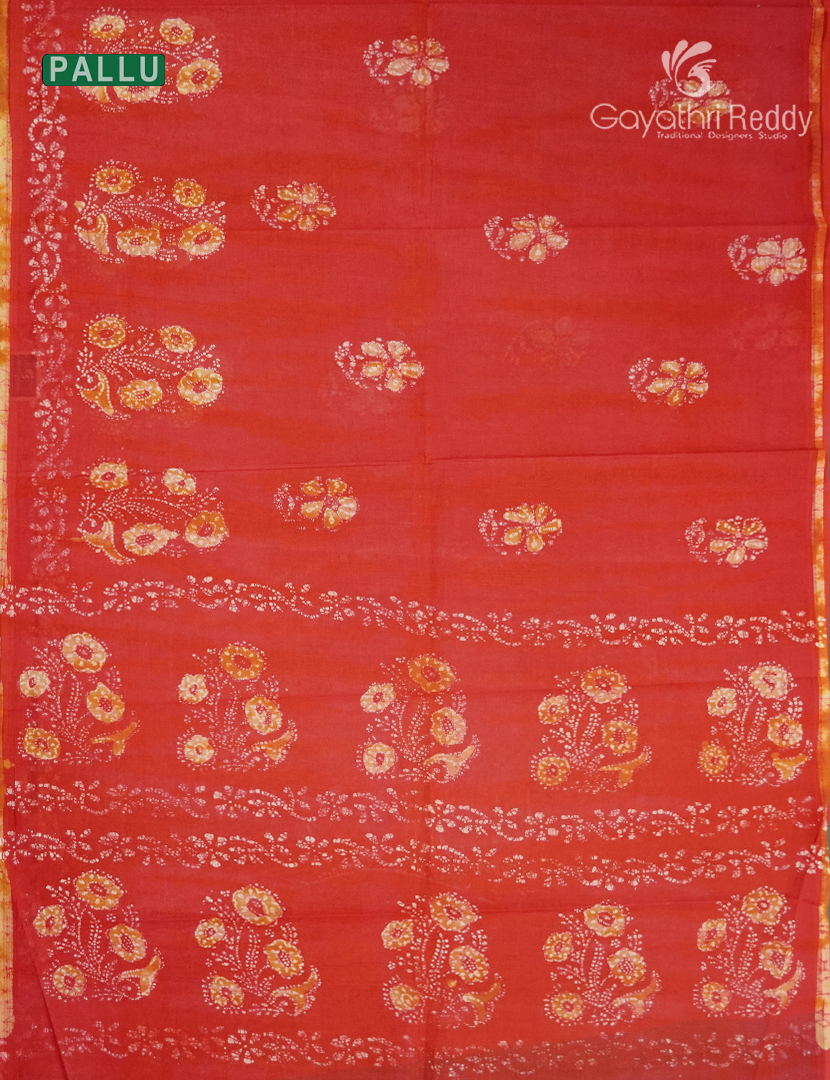 Cotton Batik Print Saree in Vermillion Orange