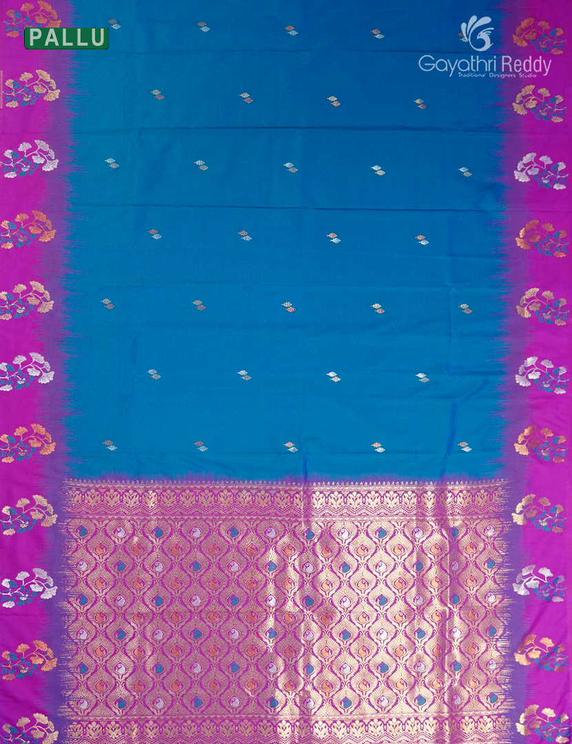 Semi Kanchipuran Silk Saree in Deep Peacock blue and  Magenta Pink