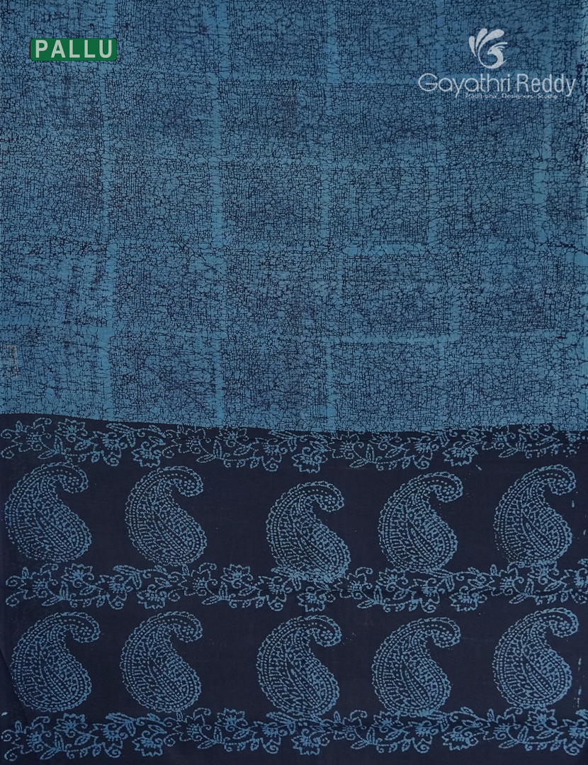 Cotton Batik Print Saree in Navy Blue and Sky Blue