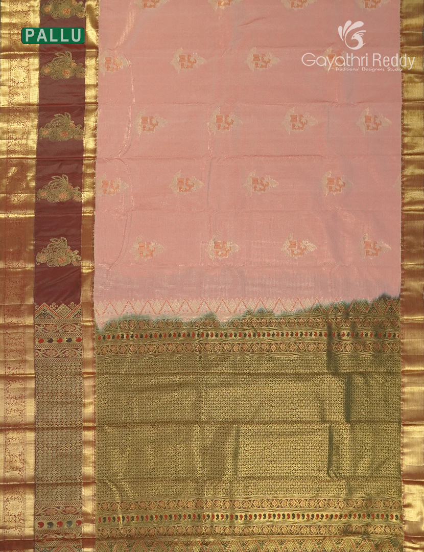 Semi Kanchipuram Silk Saree in Peach   and Deep Brown