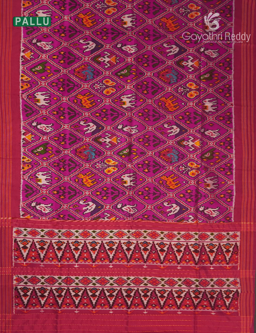 Pure Ikat Silk Saree in Purple and Rani Pink