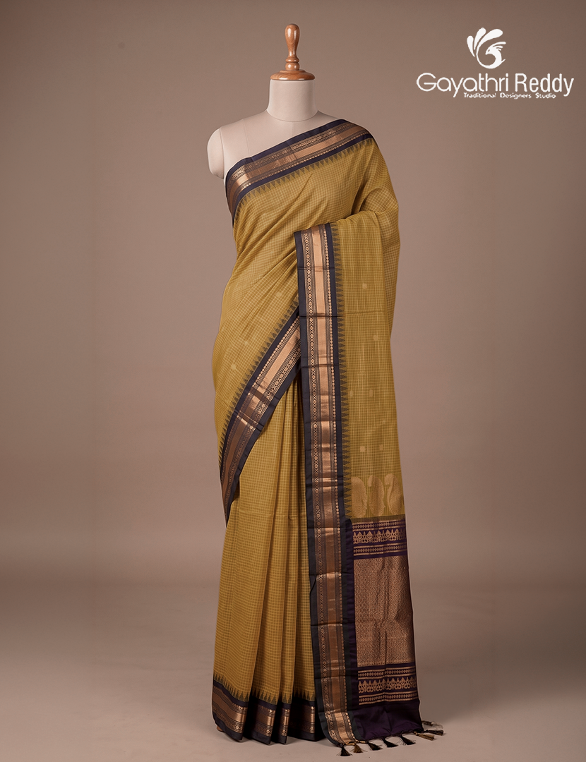 Pure Gadwal Cotton Saree in Tuberose Yellow and Deep Brown