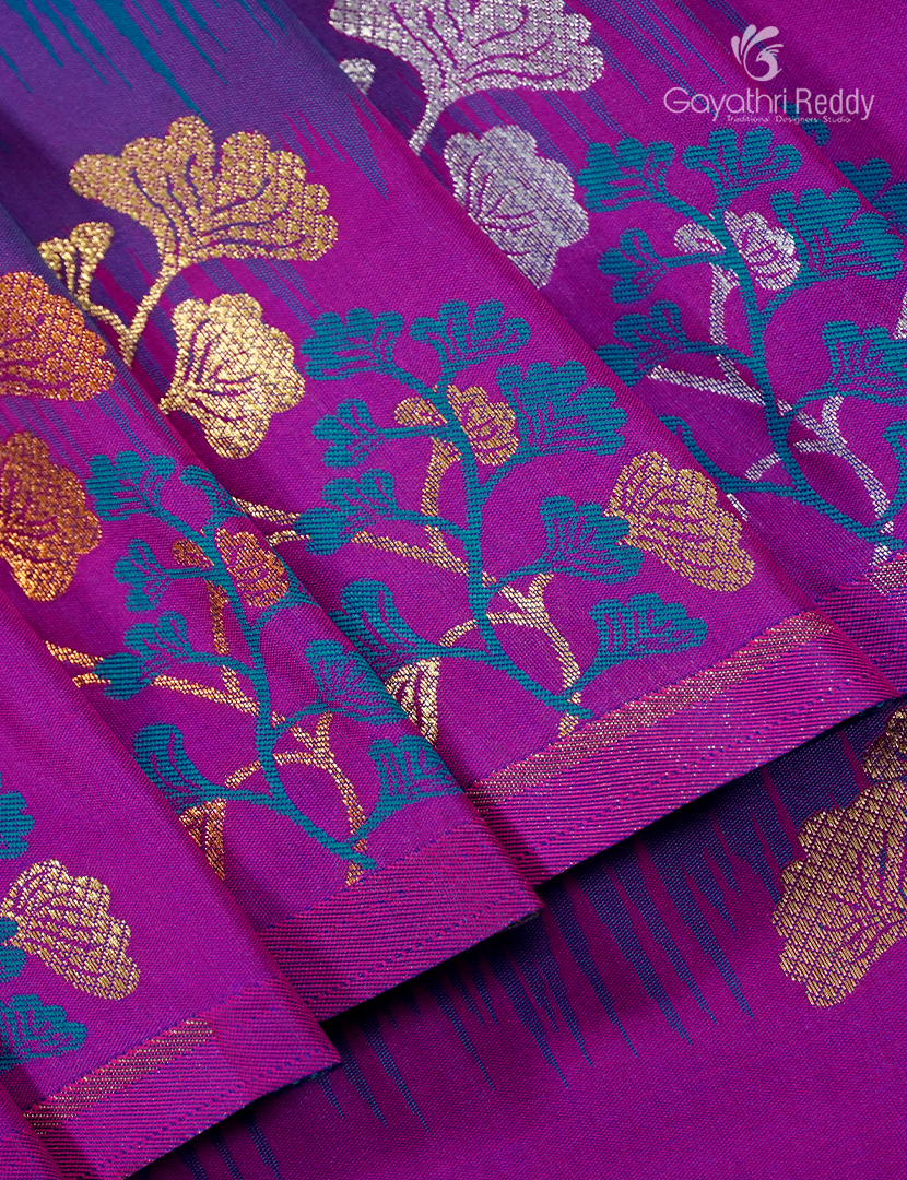 Semi Kanchipuran Silk Saree in Deep Peacock blue and  Magenta Pink