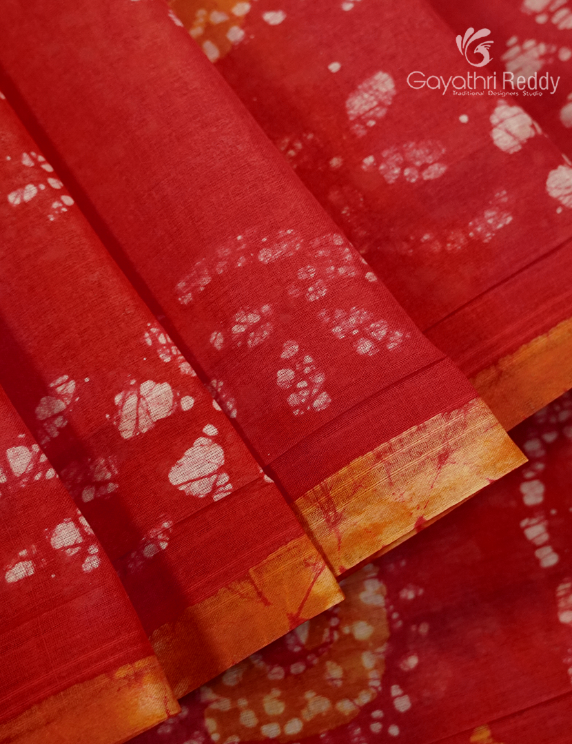 Cotton Batik Print Saree in Vermillion Orange