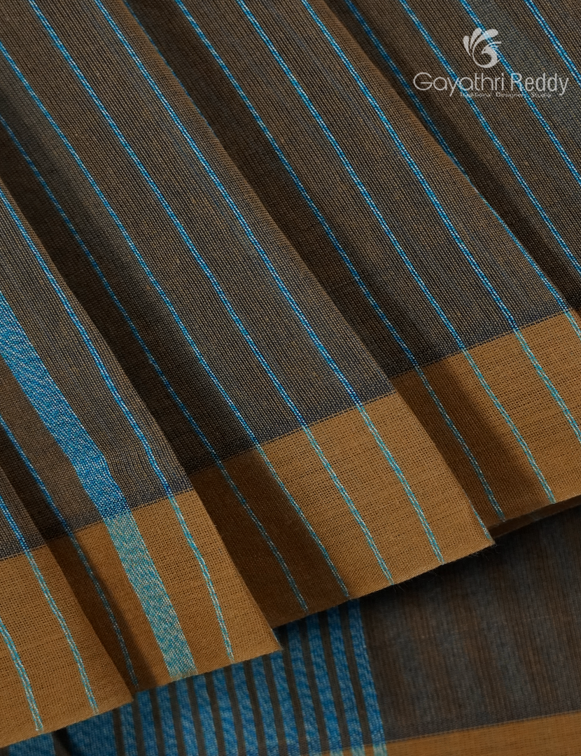 Pure Handloom Cotton Saree in Deep Olive Green and Cloud Blue