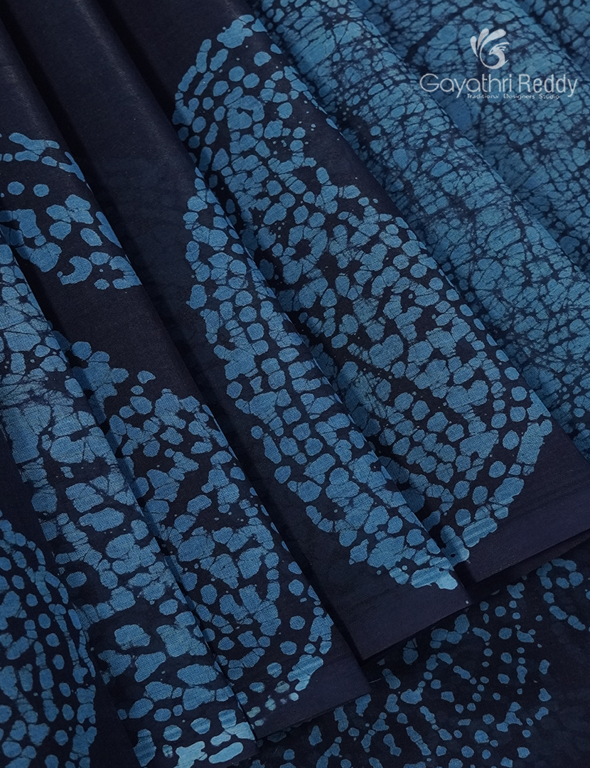 Cotton Batik Print Saree in Navy Blue and Sky Blue