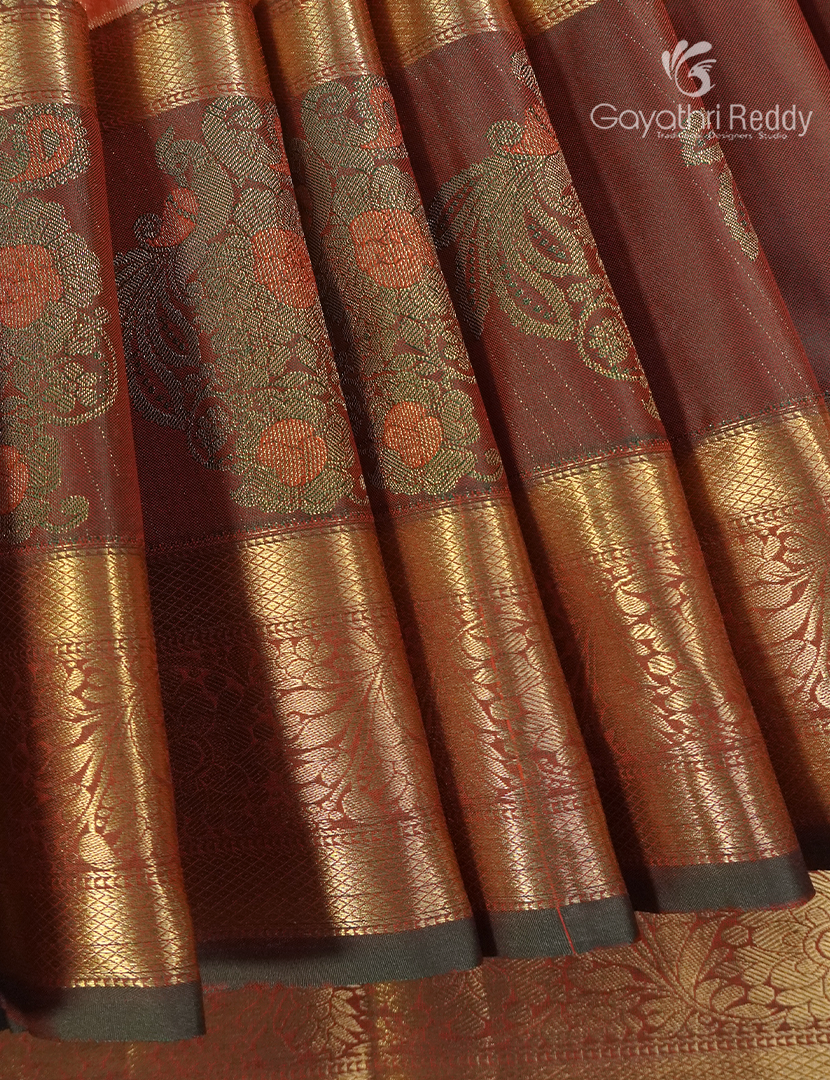 Semi Kanchipuram Silk Saree in Peach   and Deep Brown