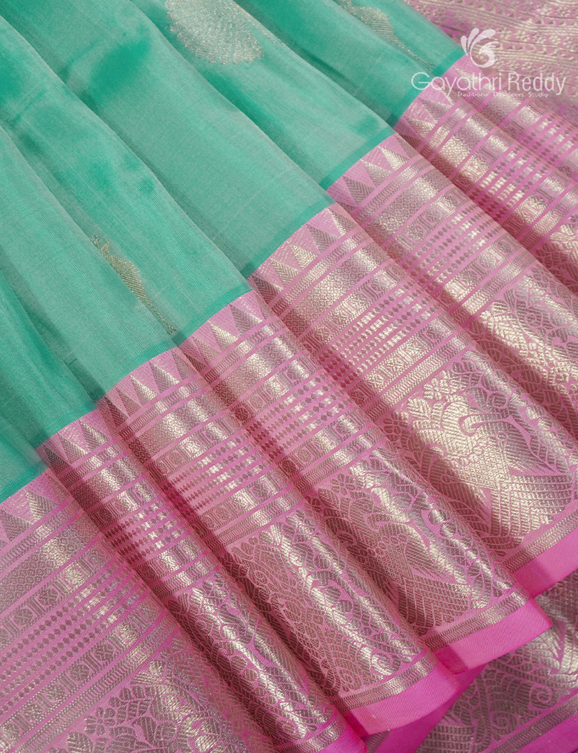 Pure Venkatagiri Silk Saree in Sea Green and Baby Pink
