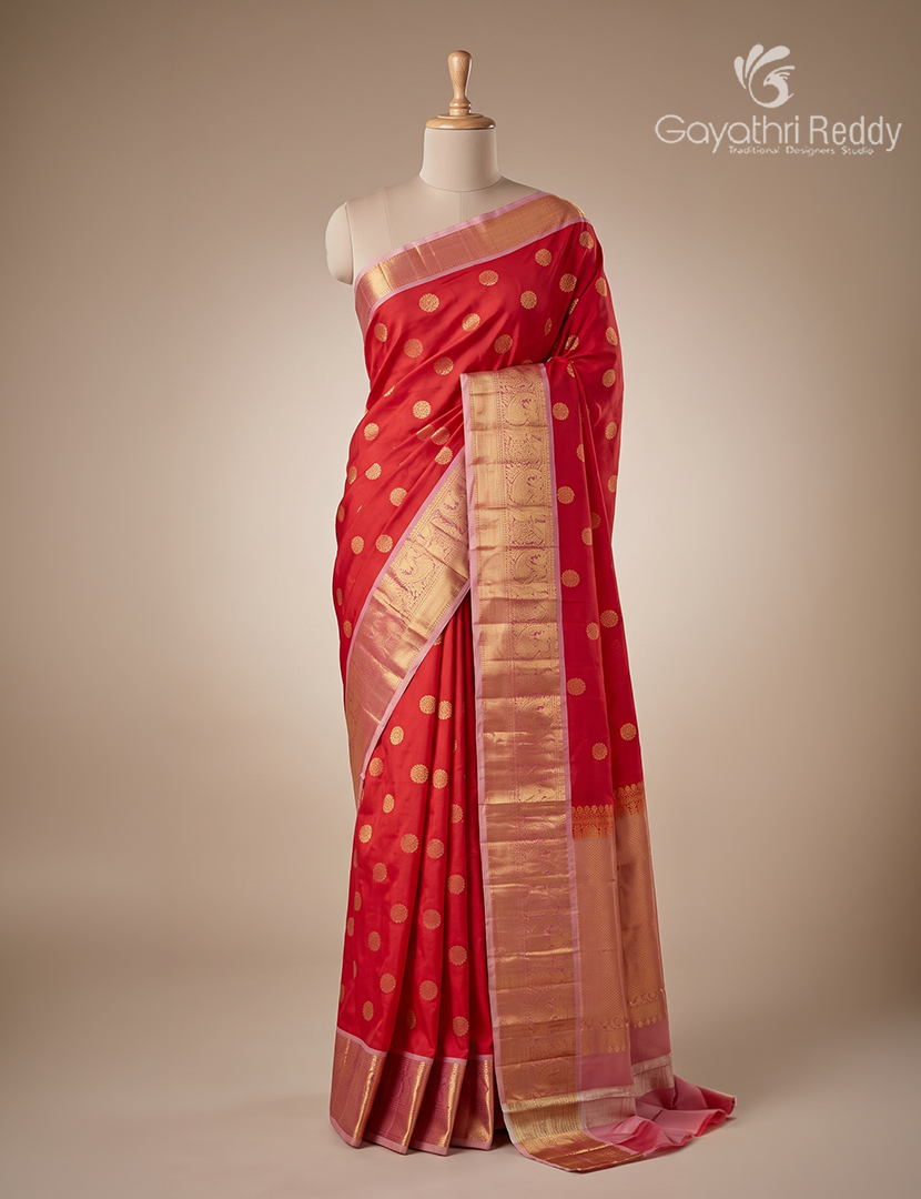 Pure Kanchipuram Silk Saree in Red and Baby Pink