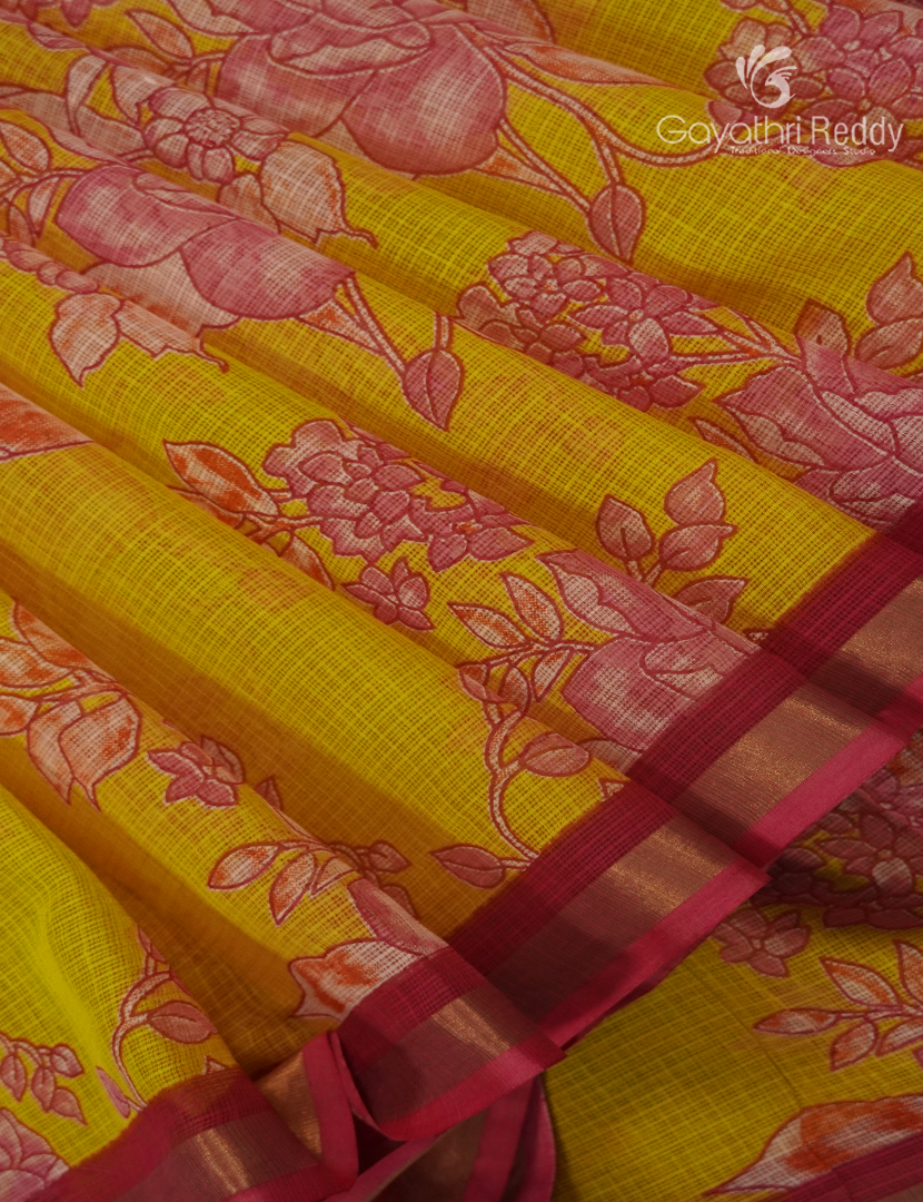 Premium Quality Cotton Kota Saree in Yellow and Red
