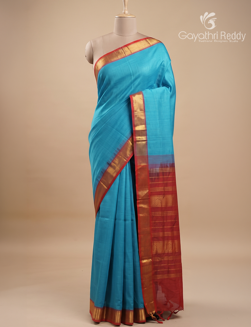 Pure Arani Sico Saree in Cloud Blue and Red