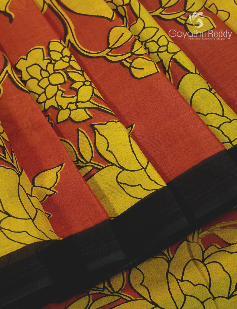 Pure MulMul Cotton Saree in Orange and Black