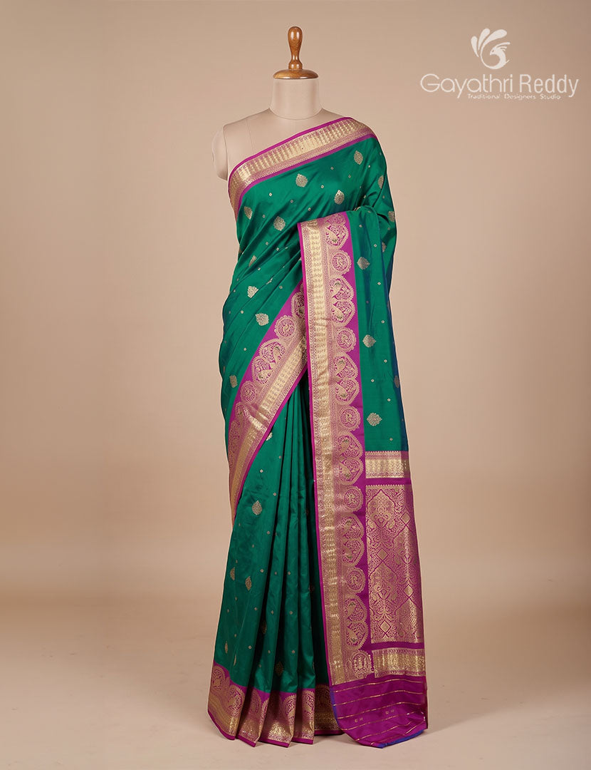 Semi Kanchipuram Silk Fancy Saree in Deep Rama Green and Magenta
