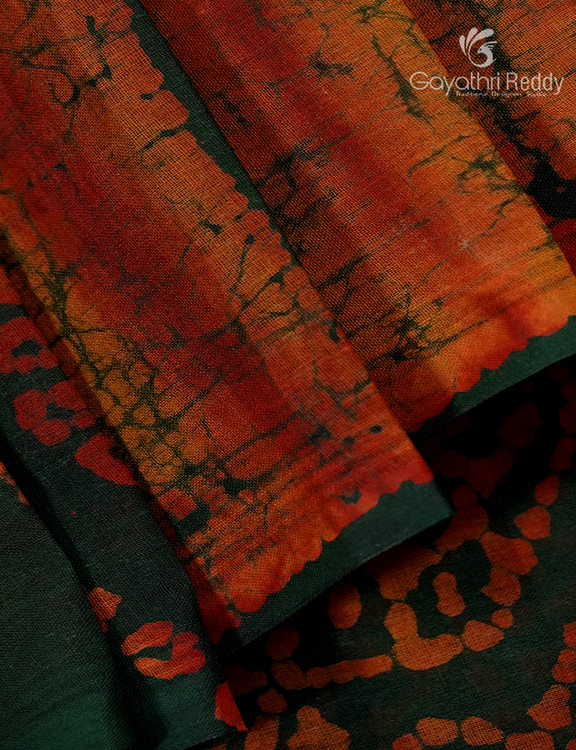 Cotton Batik Print Saree in Bottle Green and Rust Orange