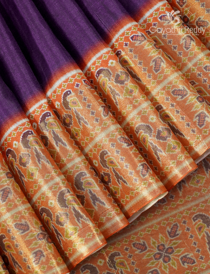 Semi Tussar Saree in Deep Violet and Pastel Peach