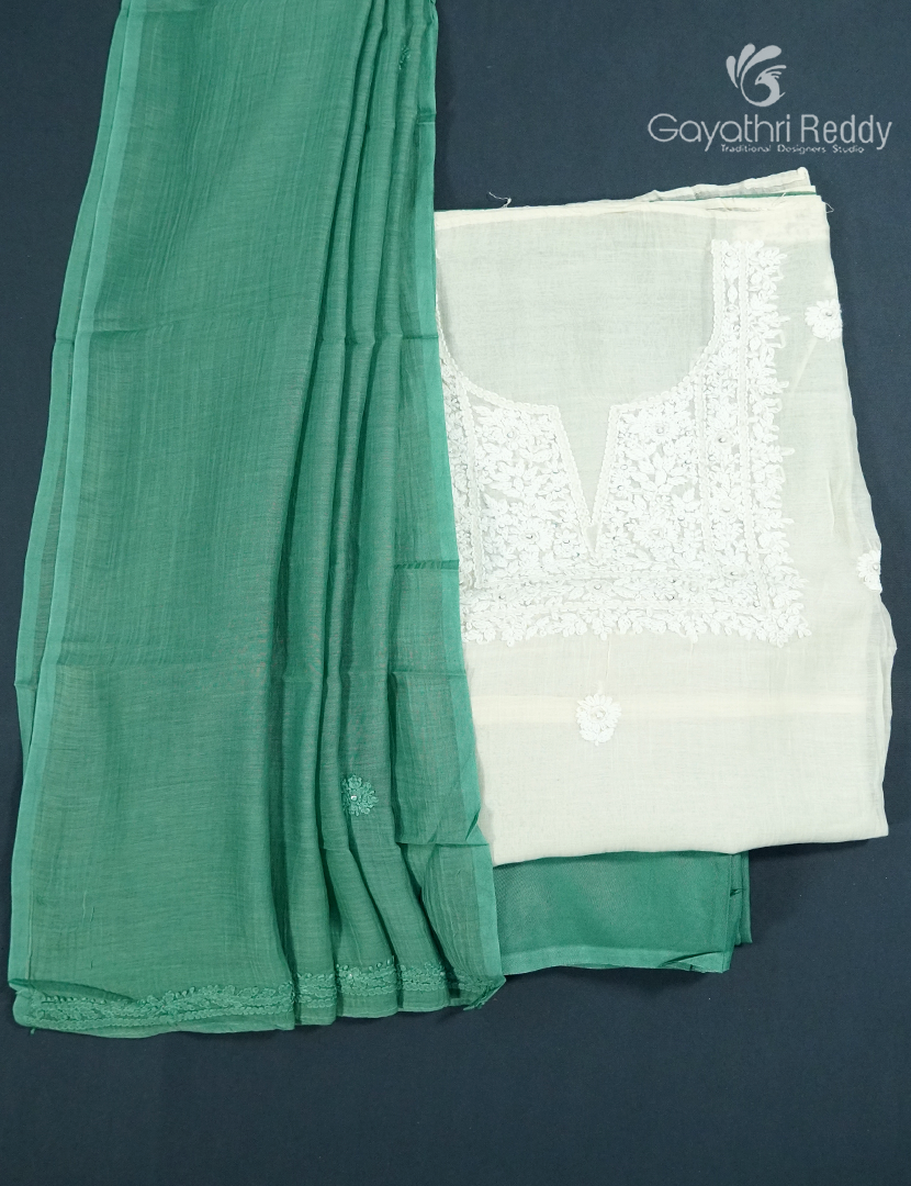 Dress Material 3 Piece Set in Cream and Sea  Green