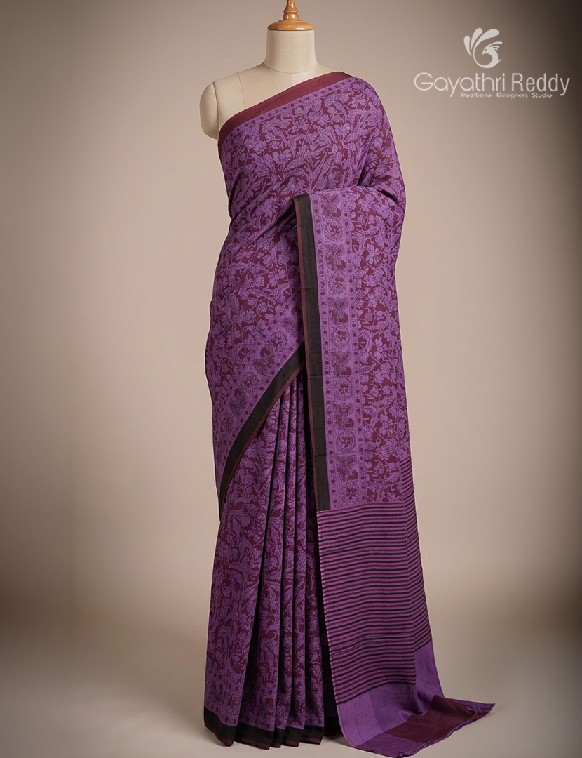 Pure MulMul Cotton Saree in Mauve Lavender and Black