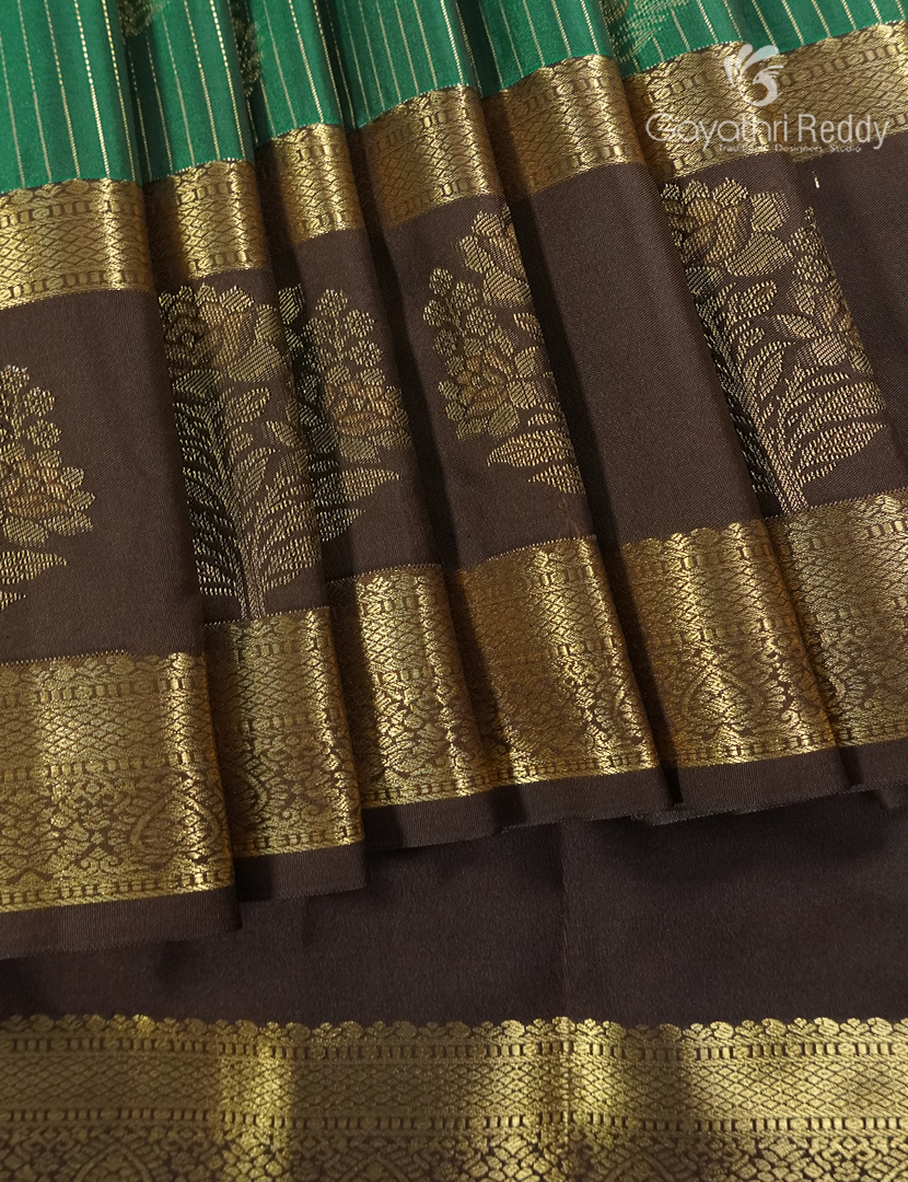 Semi Kanchipuram Silk Saree in Emerald Green and Brown
