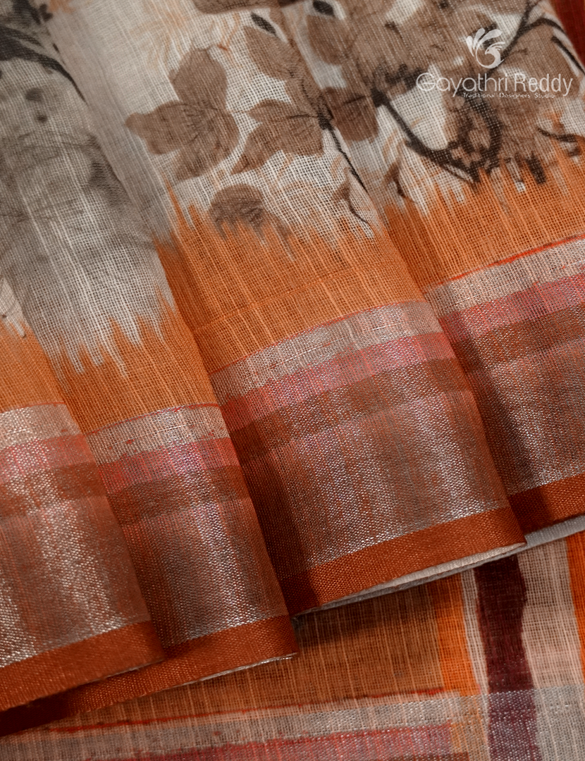 Linen Silk Saree in Cream and Rust Orange
