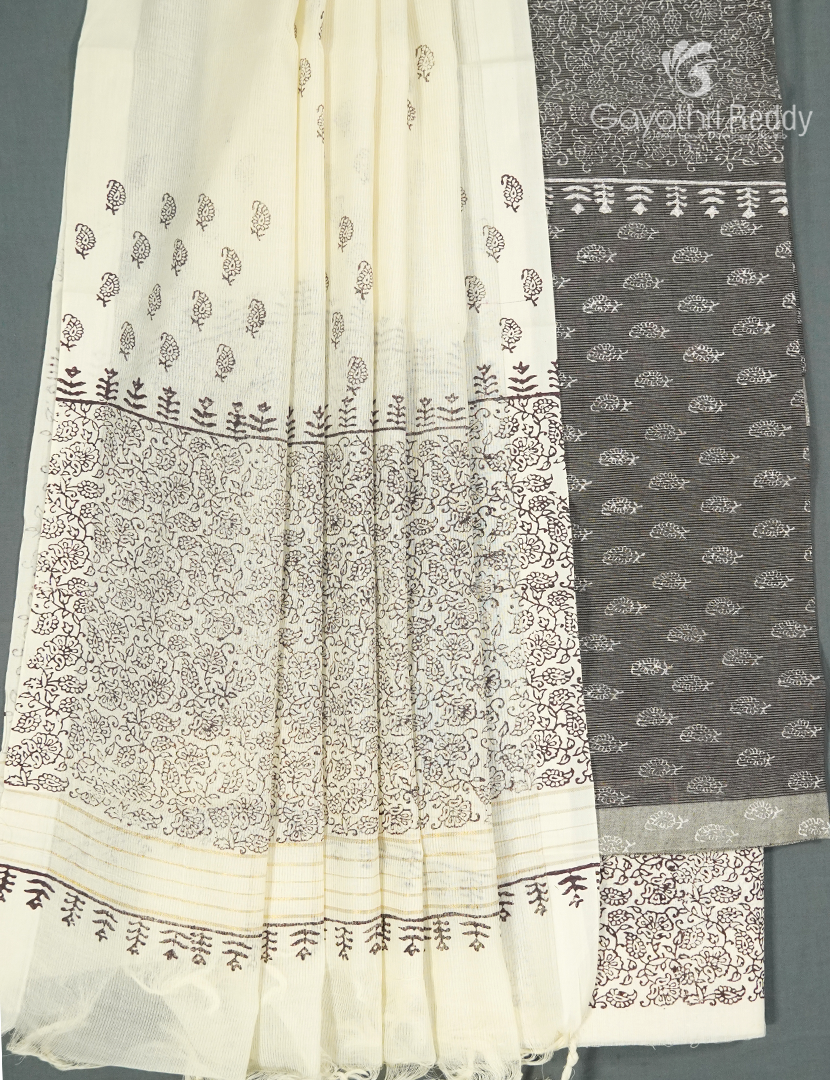 Cotton Dress Material Printed in Ash Grey and Cream