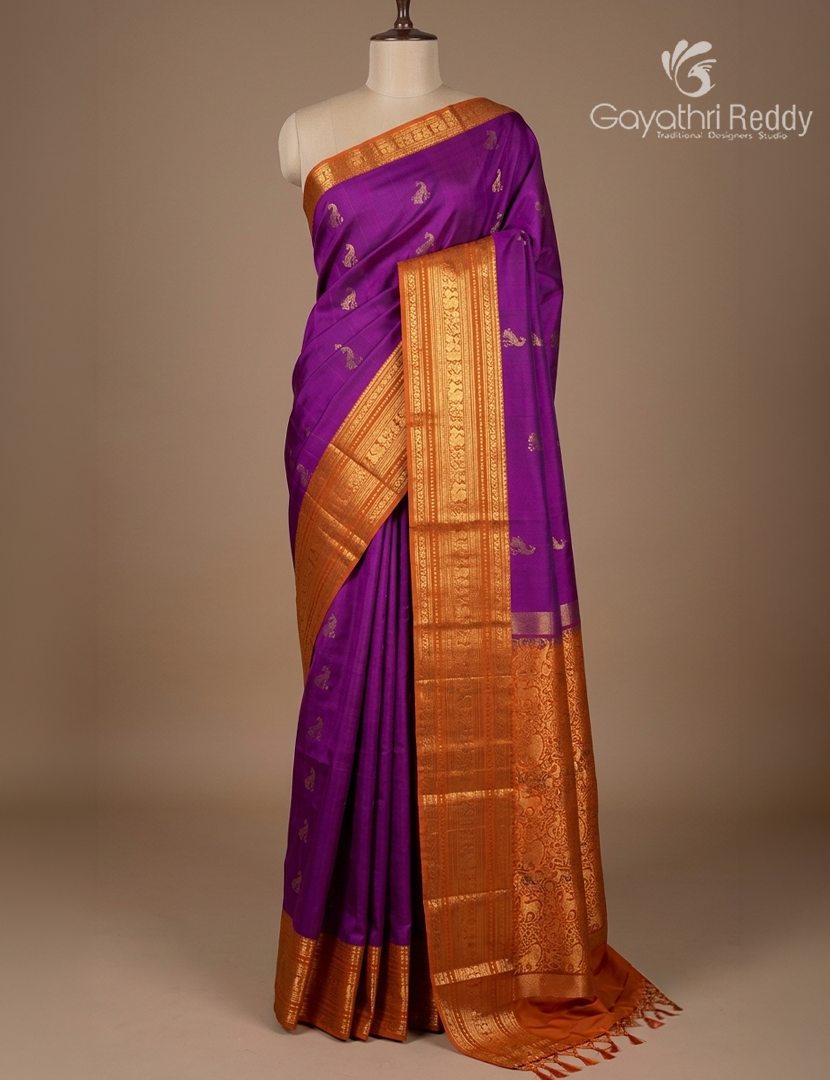 Pure Kanchipuram Soft Silk Saree in Purple and Rust Orange