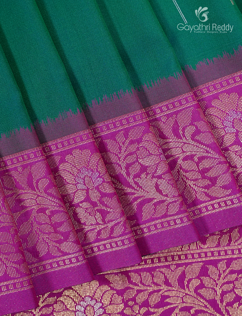 Semi Kanchipuran Silk Saree in Rama Green and Pink