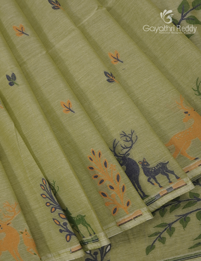 Jamdani Cotton Saree in Light Olive Green