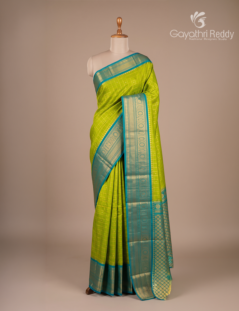 Pure Gadwal Silk Saree in Parrot Green and Peacock Blue