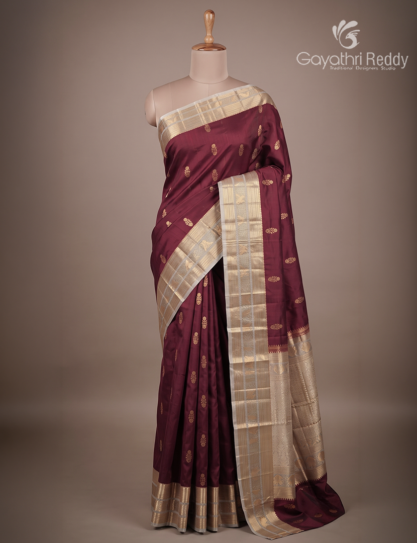 Pure Kanchipuram Silk Saree in Deep Brown and Mint Green(Medium Borders )-KP8771