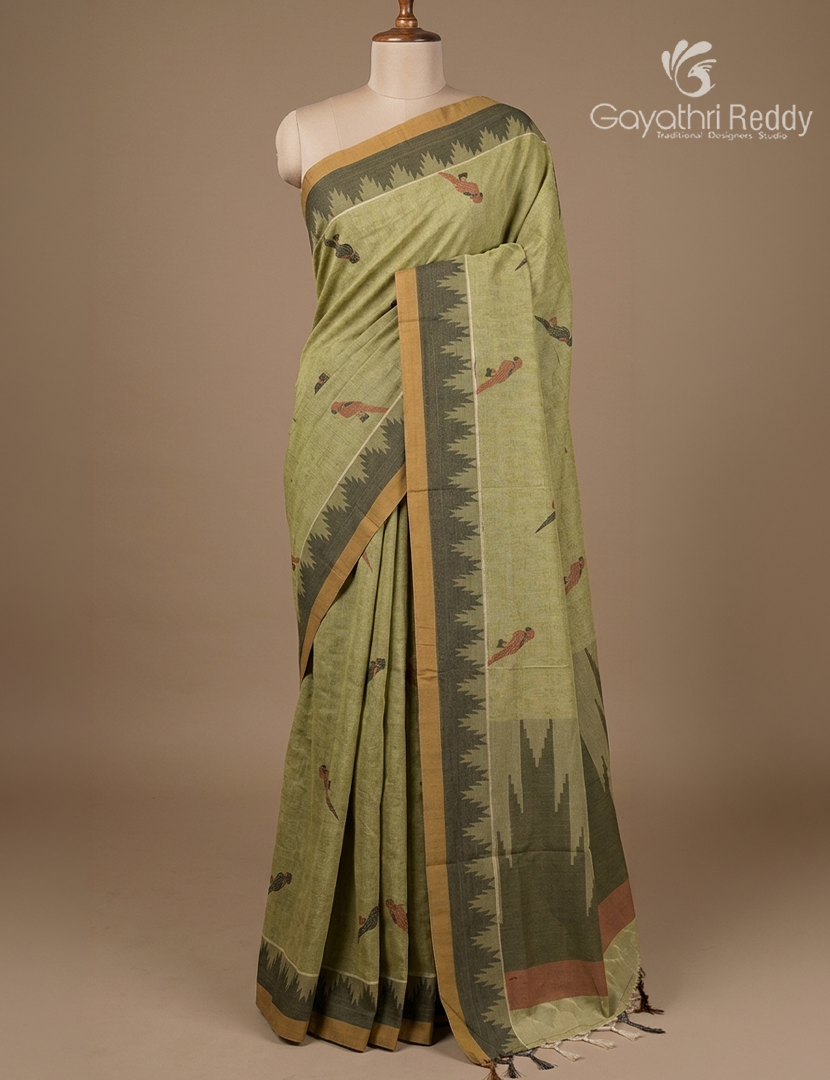 Pure Kanchi Cotton Saree in Olive Green