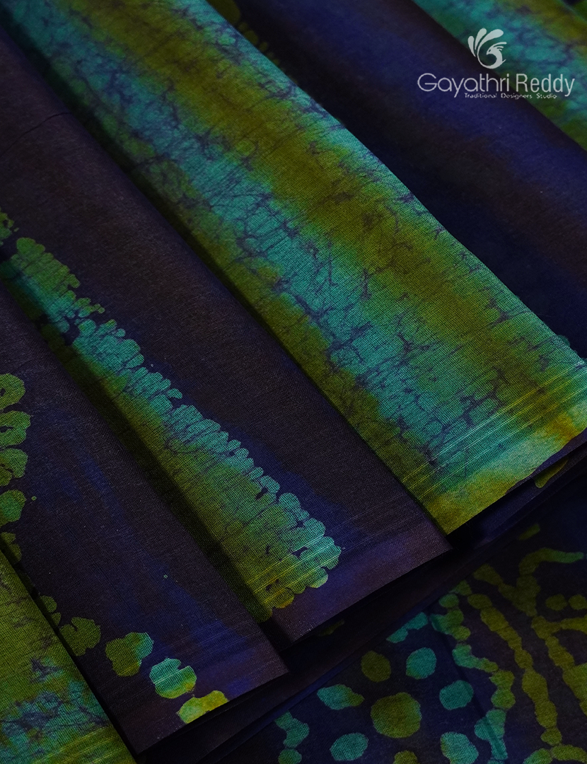 Cotton Batik Print Saree in Navy blue and Sea geen
