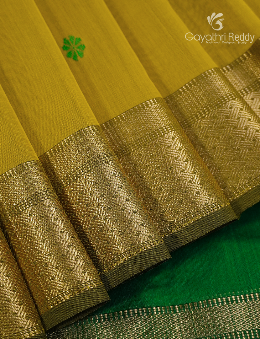 Pure Chanderi Sico Saree in Deep Mustard and Parrot Green