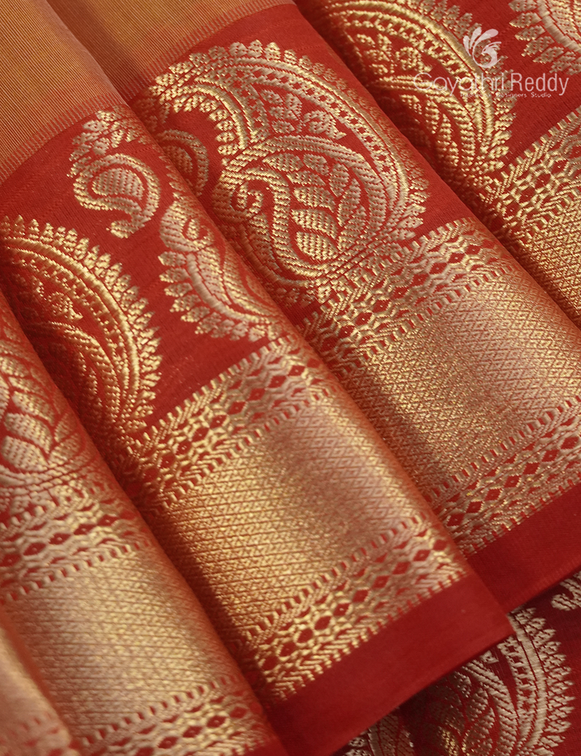 Pure Kanchipuram Sico Saree in  Mustard and Red