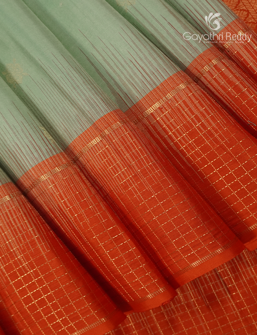 Pure  Kanchipuram Vintage Silk Saree in Mint Green and Orange