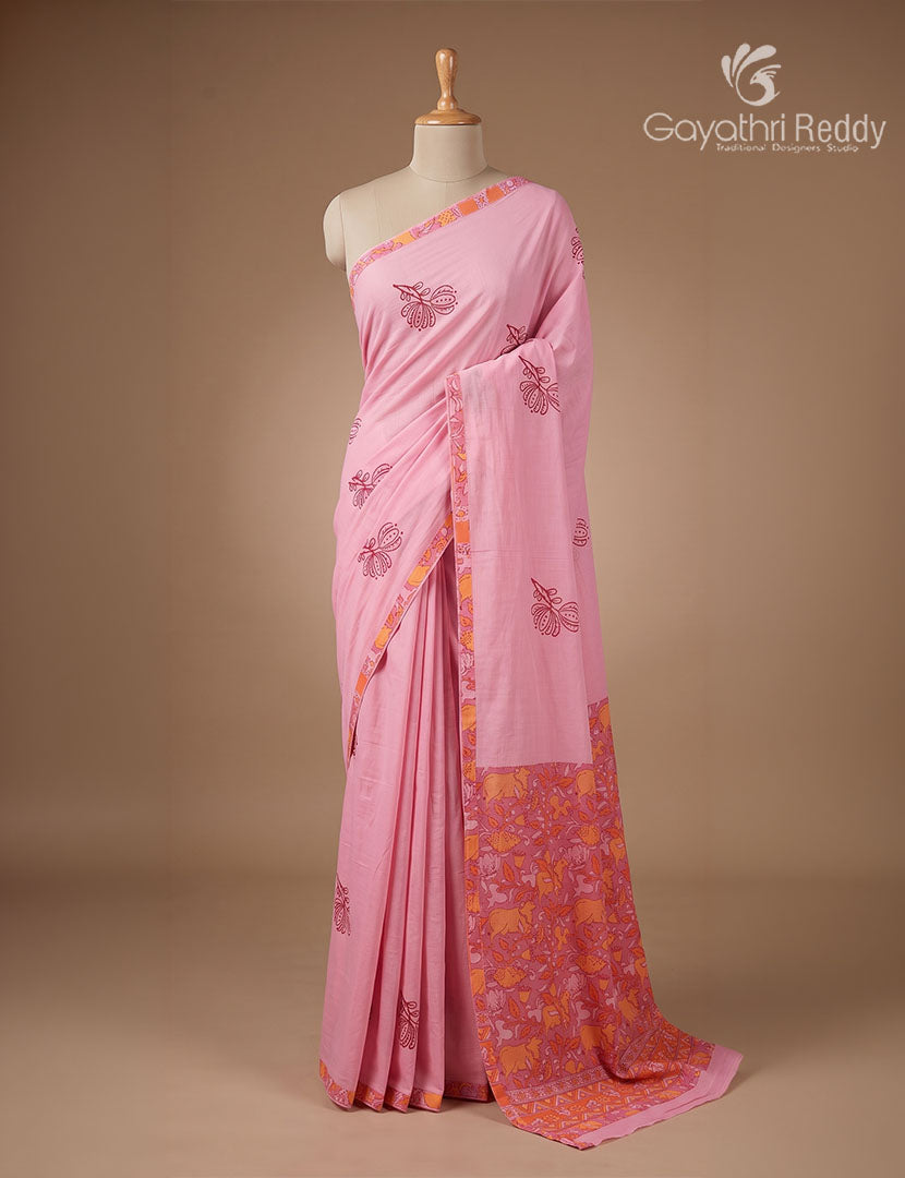 Pure MulMul Cotton Saree in Baby Pink and Orange