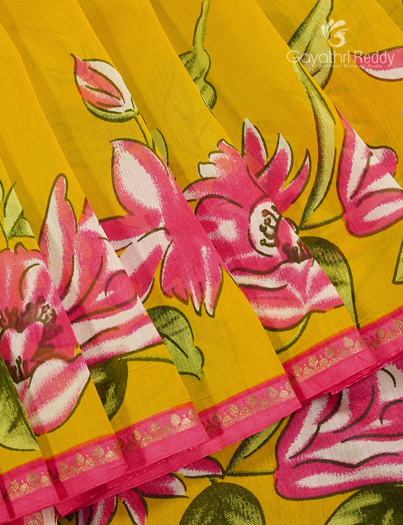 Pure Maheshwari Silk Saree in Mango Yellow and Rani Pink