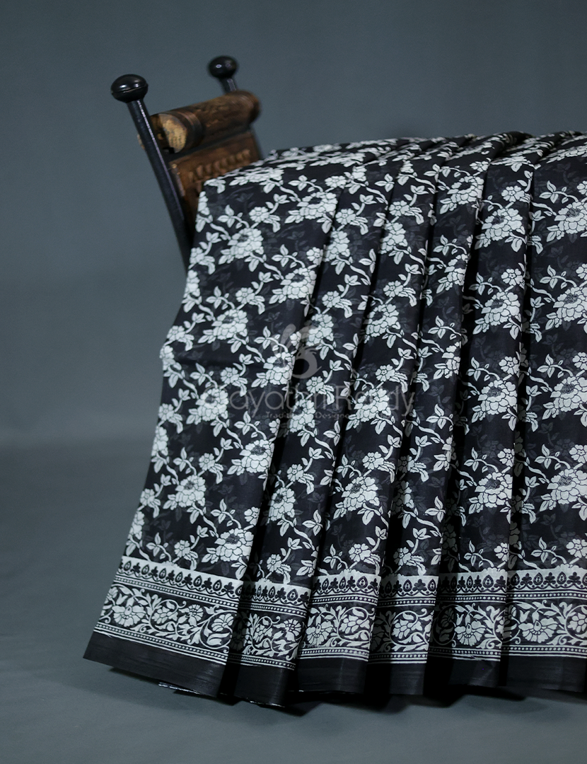 Black Finlay Organdie cotton saree for women, featuring intricate block prints and a cream pallu, perfect for daily wear.