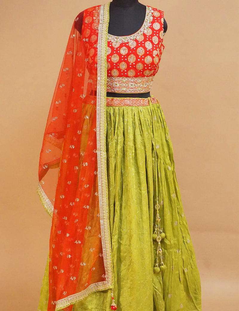 Pink and parrot Embroidered free size semistitched lehenga choli - bluebell  closet - 558671
