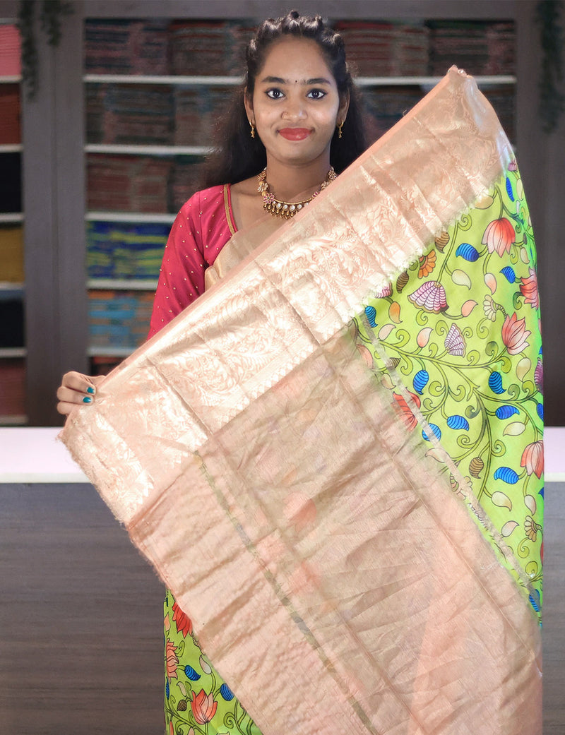 PURE CHINIYA SILK Parrot Green &amp; Cheeku Combination Saree-CS60