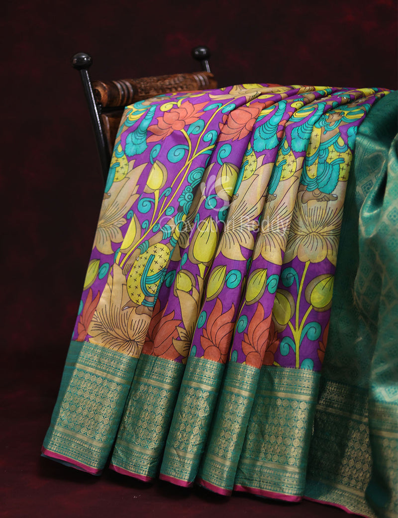 Peach and Turquoise Floral Theme Pure Silk Kanchipattu Kalamkari Saree –  Kapaas Katha