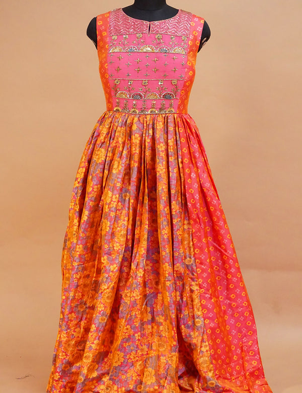Fancy Long Gown Pink &amp; Yellow Combination-FL77