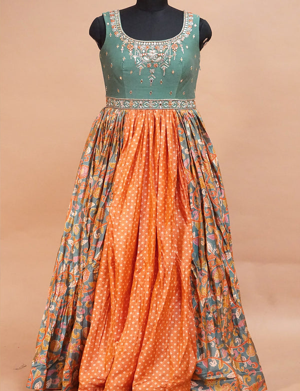 Fancy Long Gown Olive Green &amp; Orange Combination-FL78