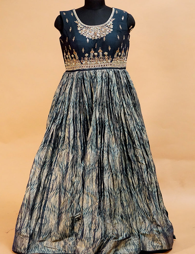 Buy Peacock Blue Printed Silk Anarkali Gown Online – Vasansi Jaipur